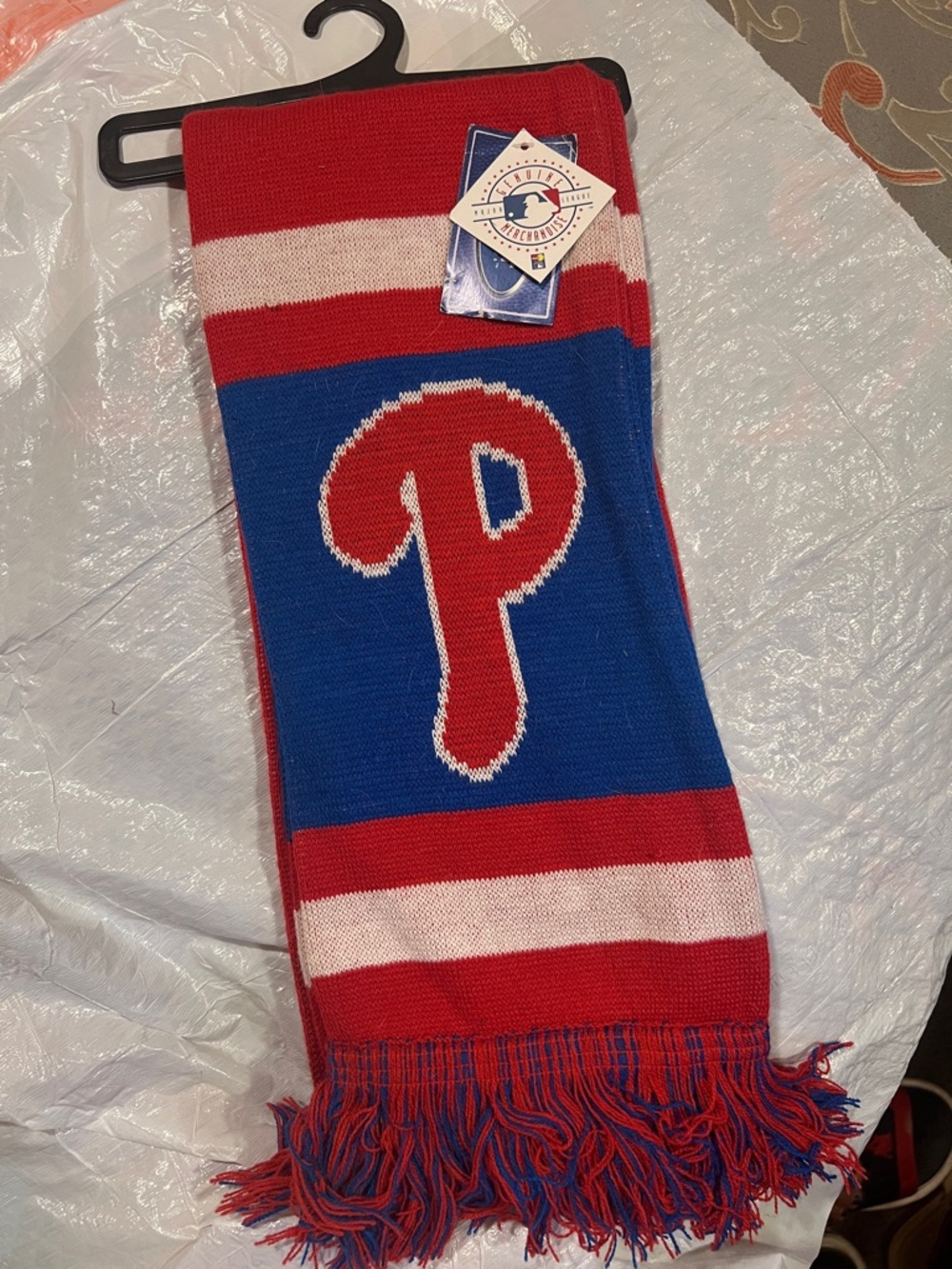 Philipp Plein Red, Blue & White Knit Scarf with Fringe